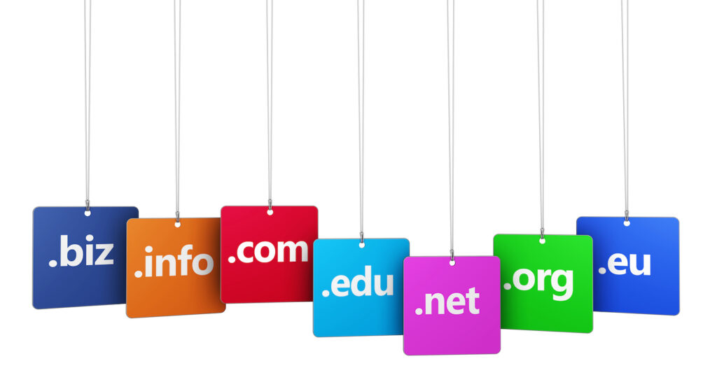 Website and Internet concept with domain name sign on colorful hanged tags isolated on white background for web and online business.