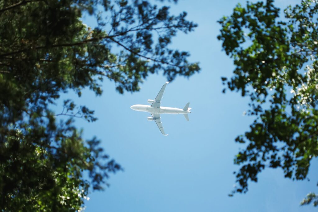 Bottom view on jet airplane flying in the sky overhead among green trees, carbon footprint