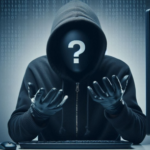A person in a black hoodie, black face covering, and black gloves with a question mark over their face. 