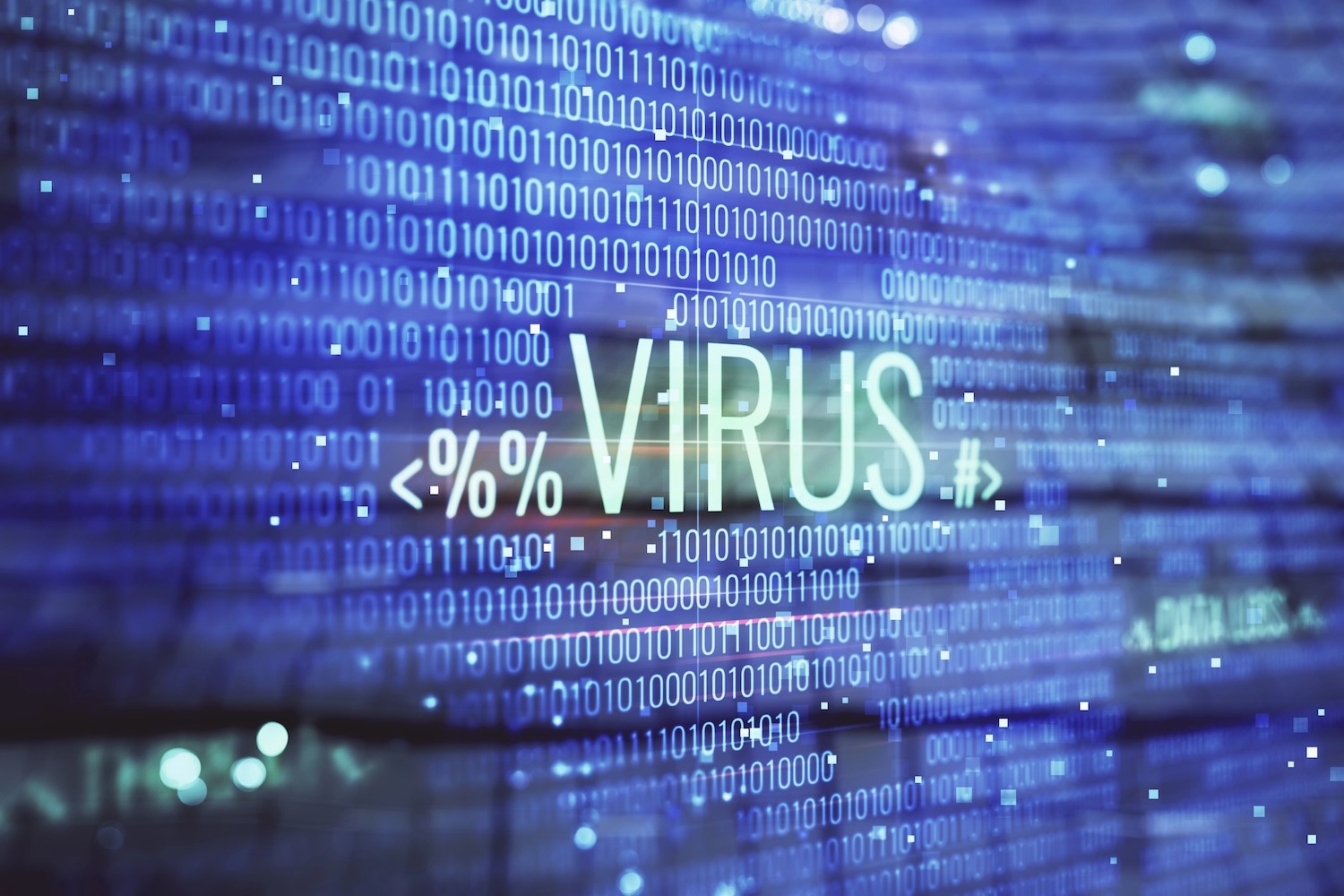 White "VIRUS" text overlays blue binary code background in a digital matrix effect. 