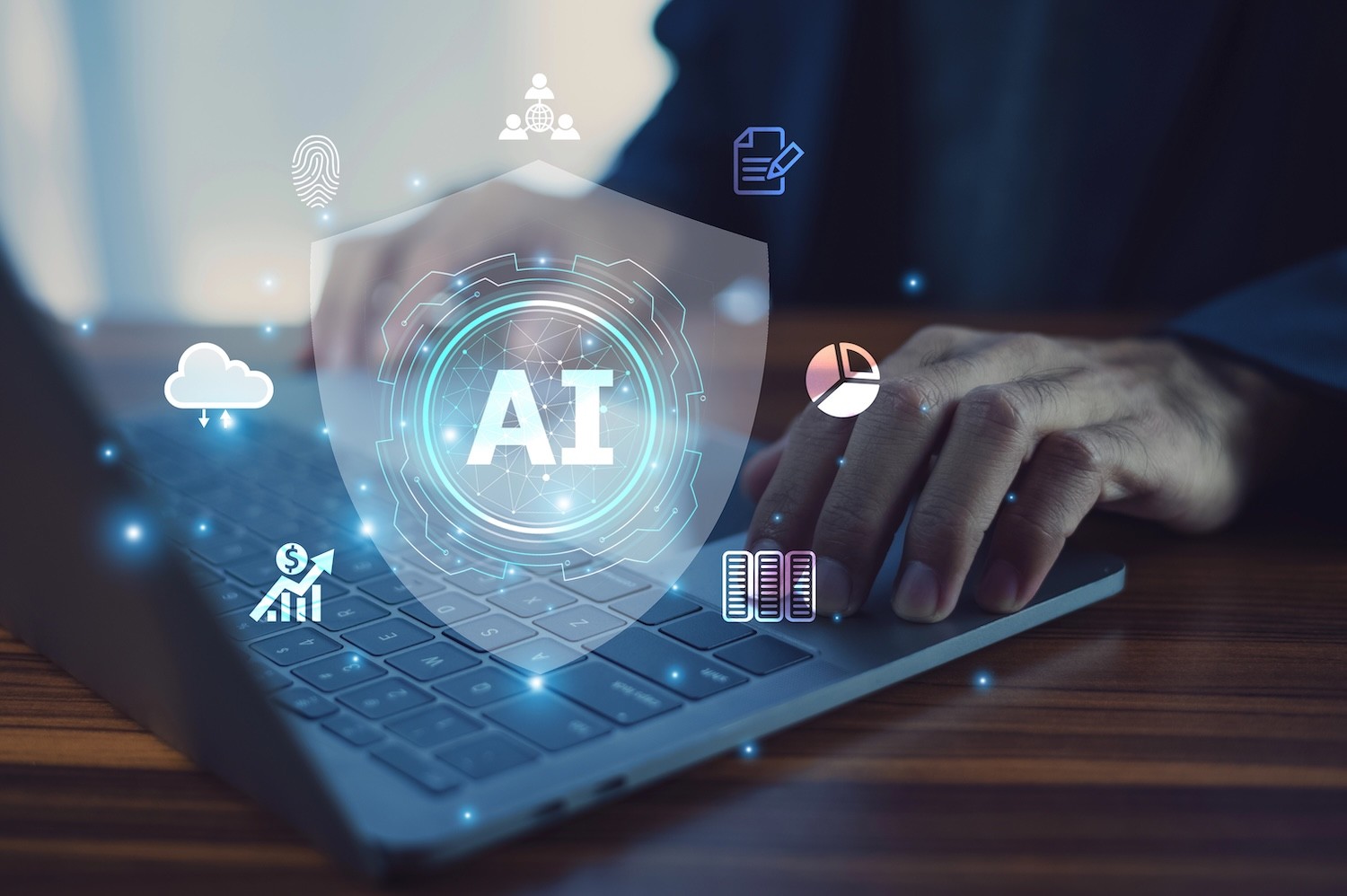 Person on laptop, with AI icons around the screen. 