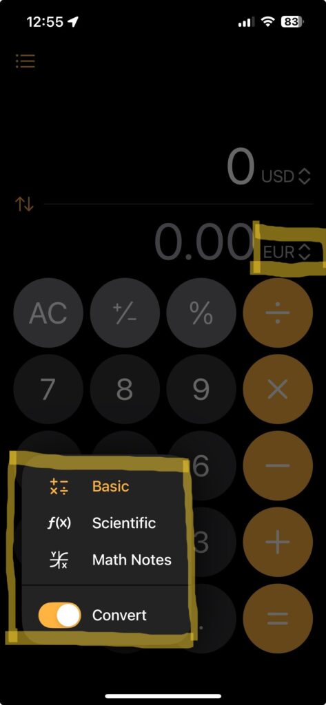 Apple Calculator home screen with Conversion button and Currencies highlighted.