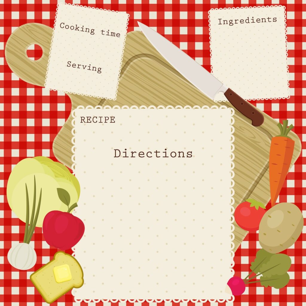 Red gingham background with recipe card, cooking time, and ingredients in forefront.