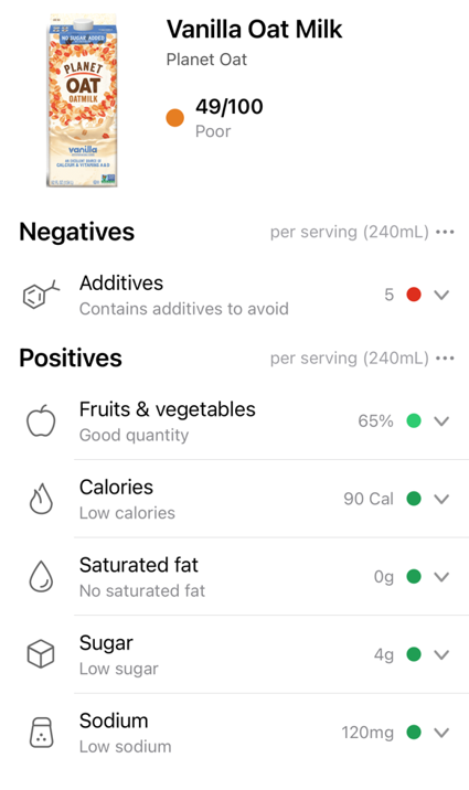 Yuka App review of Planet Oat Vanilla Oat Milk. 