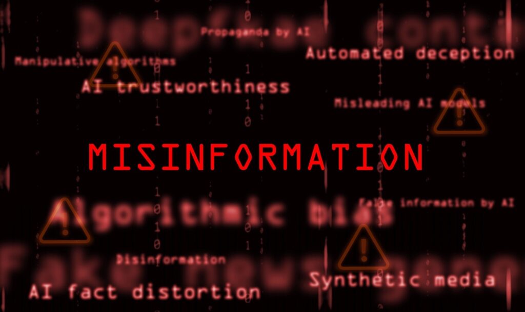 AI, artificial intelligence, and the concept of fake news, misinformation, and disinformation: The word misinformation in red text, surrounded by related keywords and warning signs in the background.