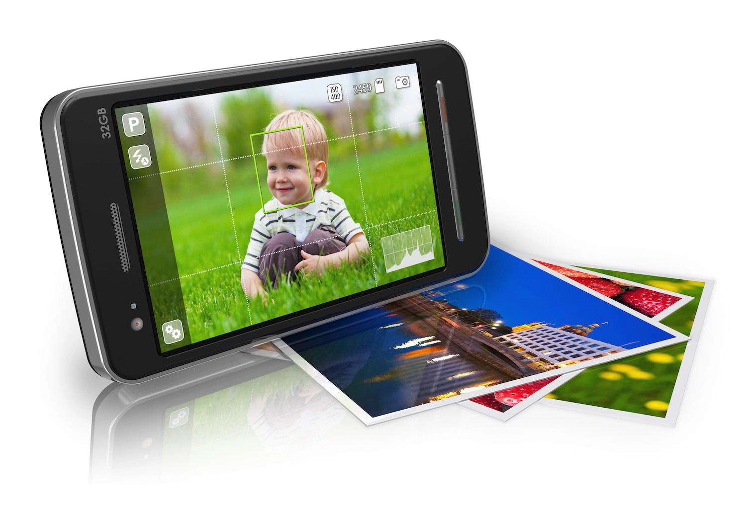 Touchscreen smartphone in camera mode and set of photos isolated on white reflective background. 