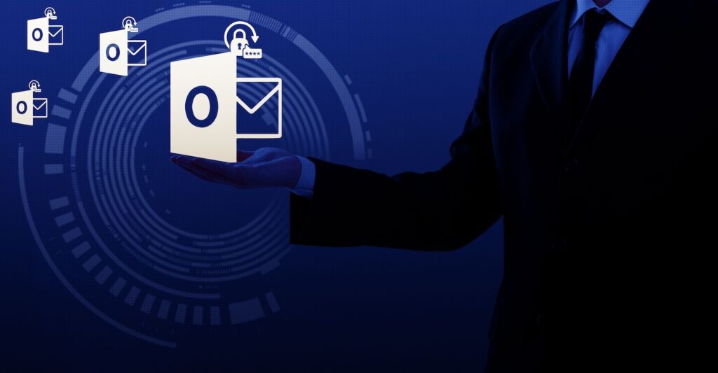 Outlook email scatter, on man's hand.