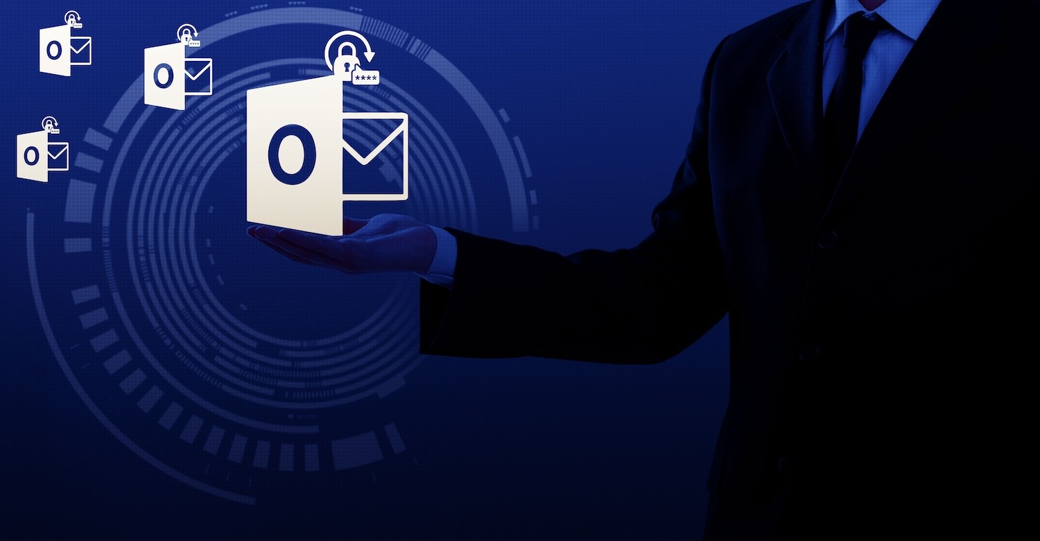 Outlook email scatter, on man's hand. 