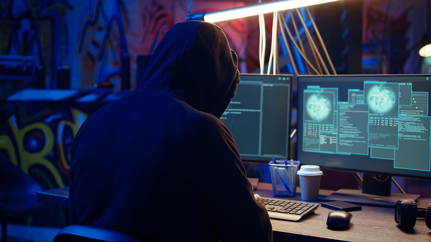 Cybercriminal in hoodie works at computer while committing data breaches. 