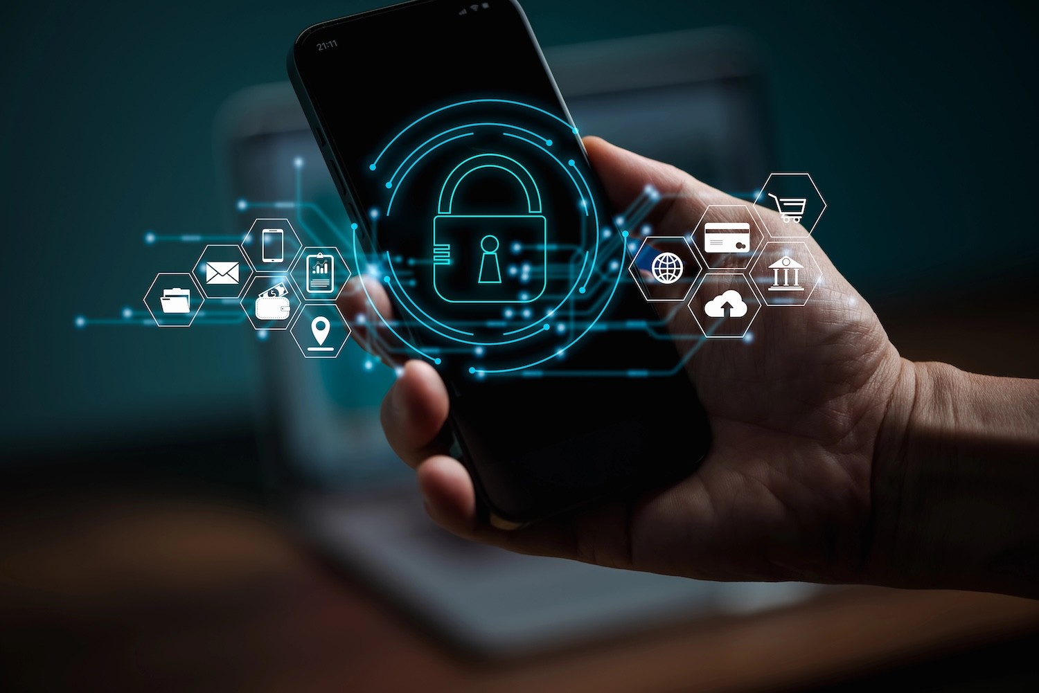 Lock icon and hand holding smart phone with virtual screen interfaces. 