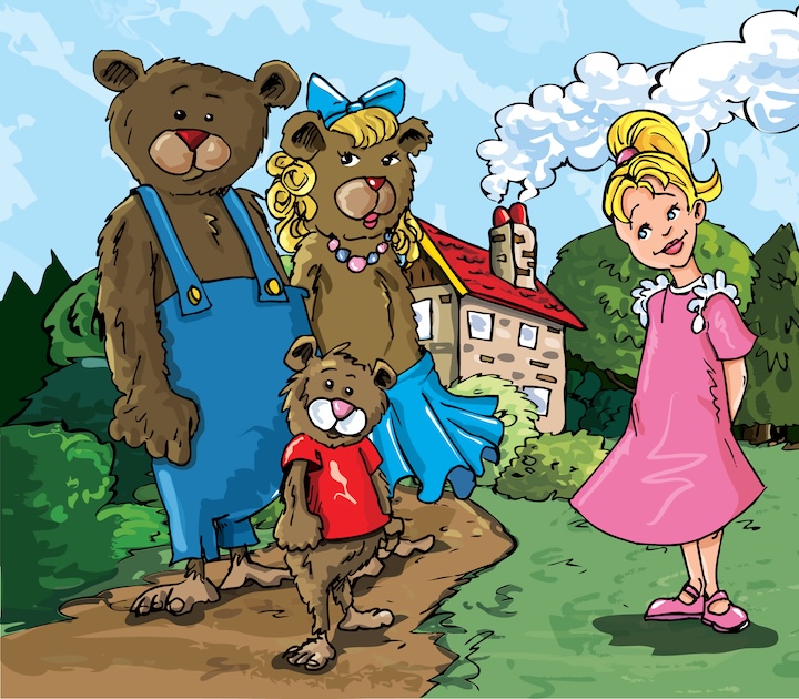 Cartoon of Goldilockes and the three bears infront of the bears house