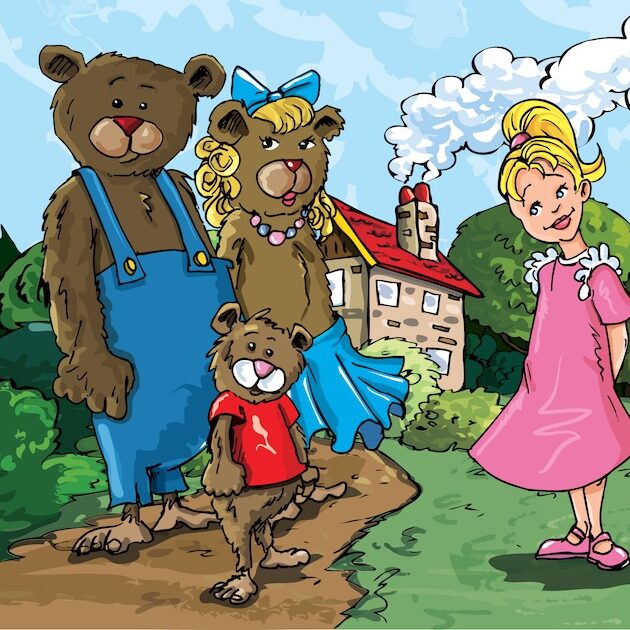 Cartoon of Goldilockes and the three bears infront of the bears house