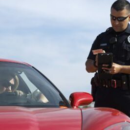Police officer writing a ticket for woman sitting in the car