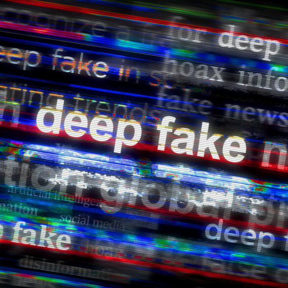 Deep fake hoax false and ai manipulation headline news across international media. Abstract concept of news titles on noise displays. TV glitch effect 3d illustration.