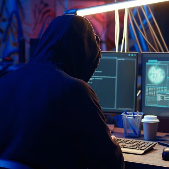 Cybercriminal in hoodie works at computer while committing data breaches.