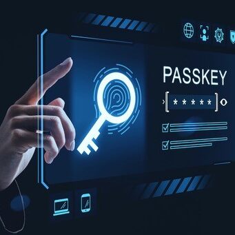Woman interacting with futuristic passkey icon.