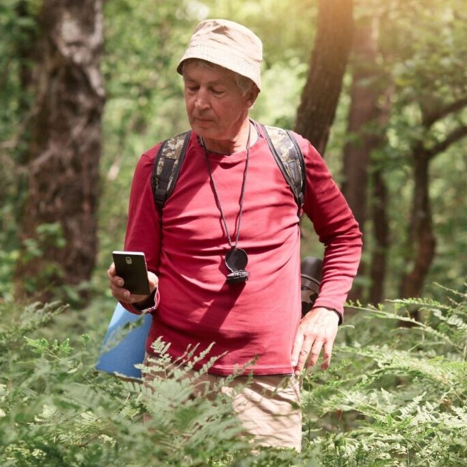 Mature man in forest, standing with mobile phone in hand.