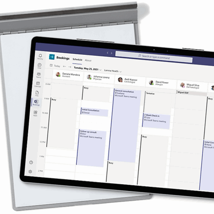 Microsoft Booking calendar with appointments booked on the schedule.